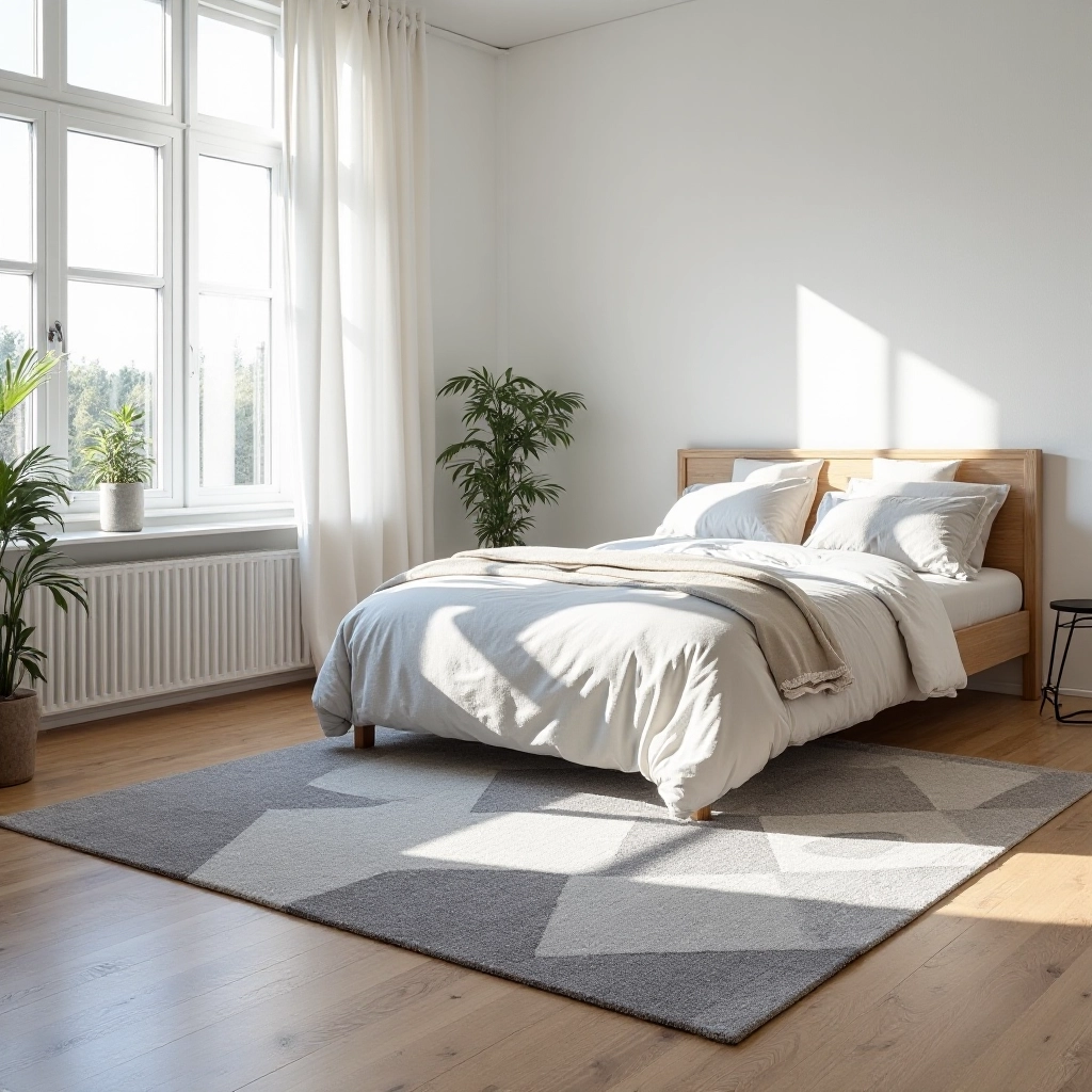 Bedroom with grey geometric area rug placed beside bed, cozy morning light, neutral aesthetic bedroom setup