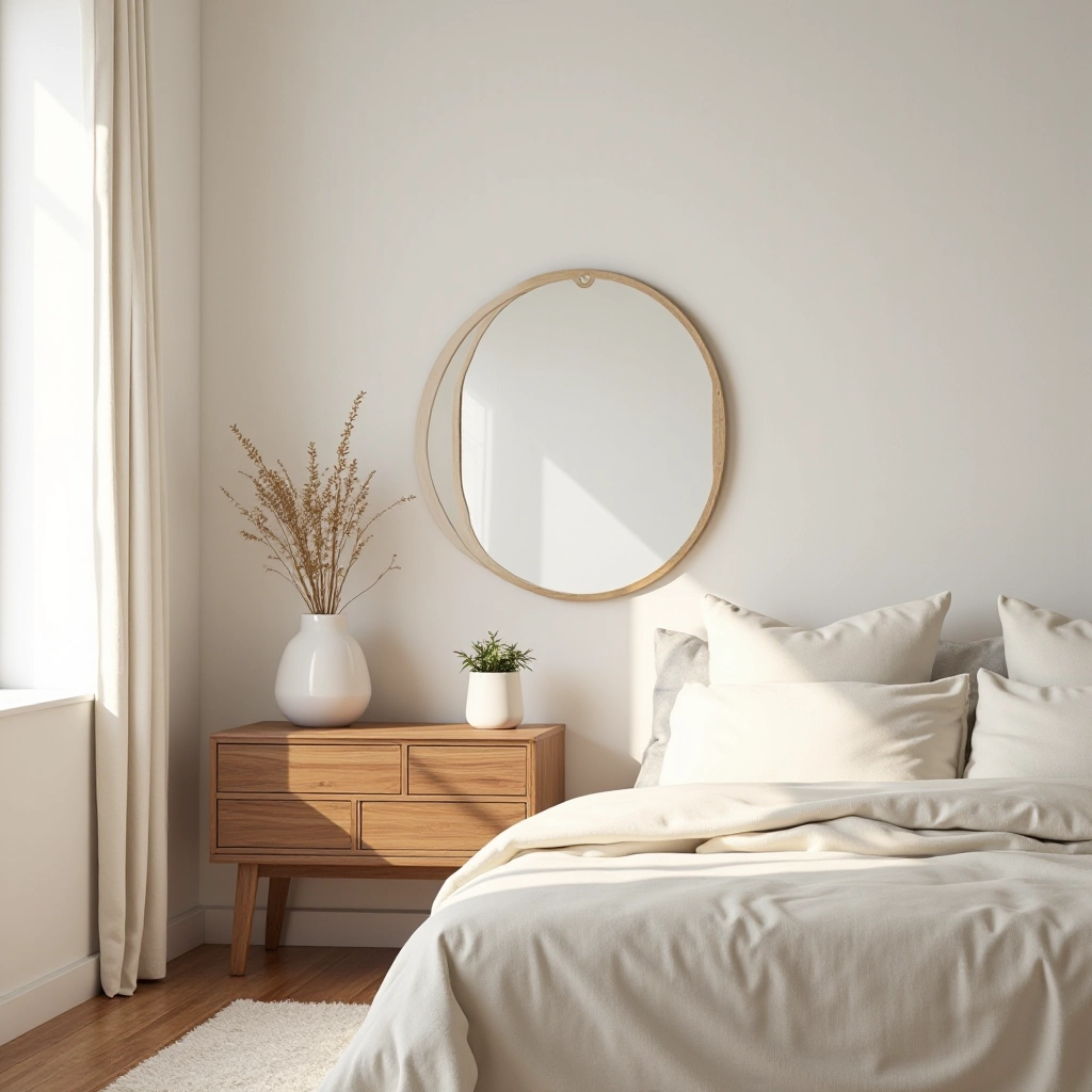 Round brass mirror in bedroom above wooden dresser, natural light creating reflections, warm interior styling with textured elements, sharp focus on mirror and surrounding decor