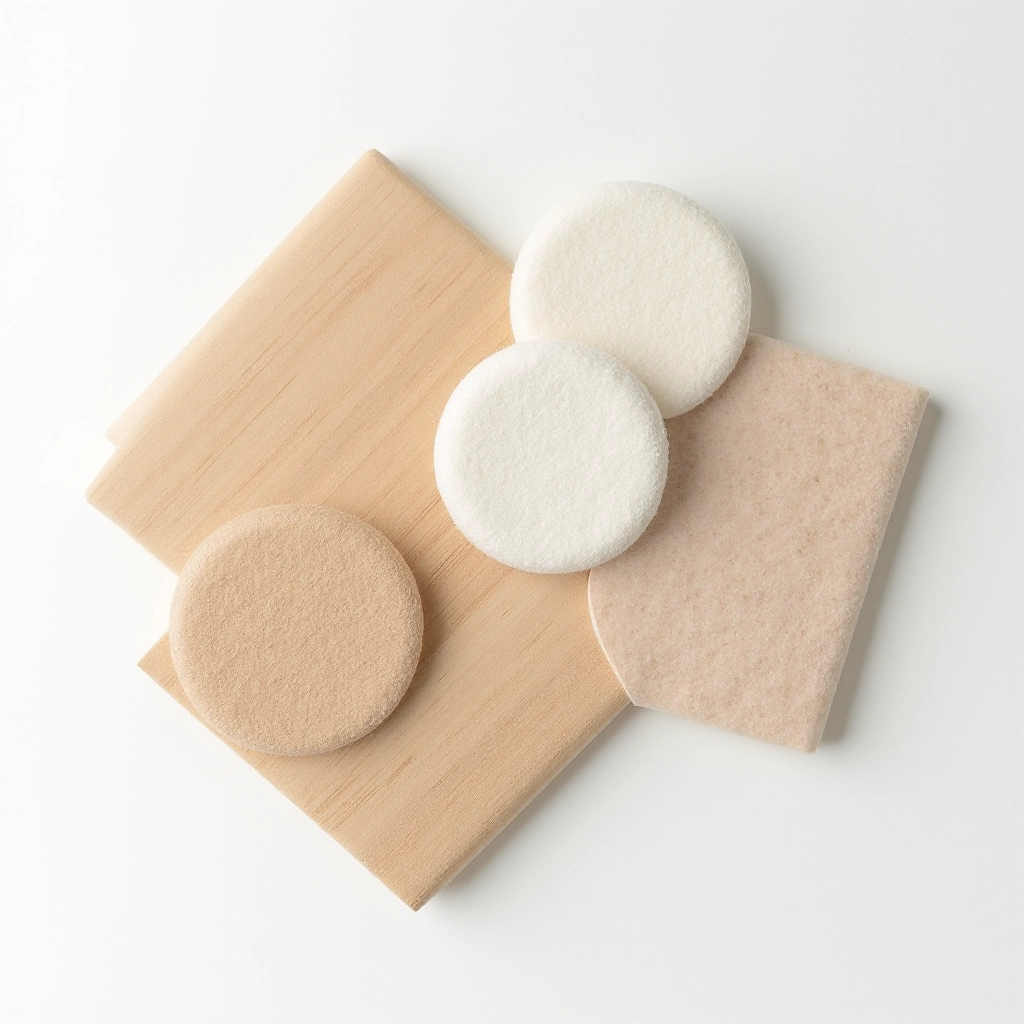 Minimalist flat-lay composition showing oak wood samples, protective felt pads, and care materials