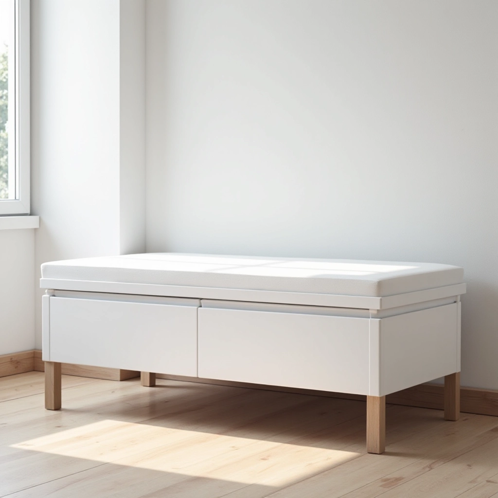 White storage bench from side angle showing clean profile and proportions, natural light, minimalist interior setting, wooden floor