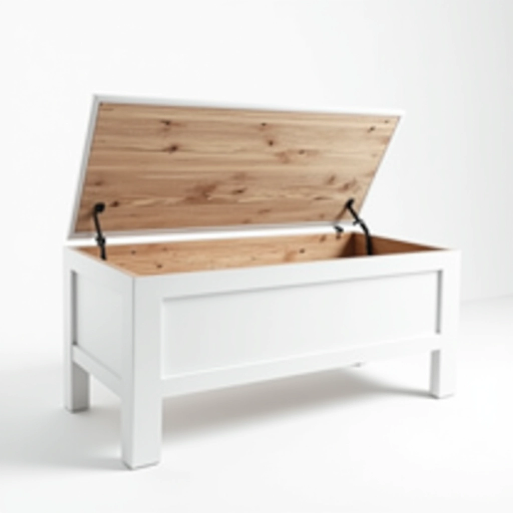 White wooden storage bench with lift-top open showing interior, front-right angle, studio white background, wood finish detail visible, clean shadow beneath